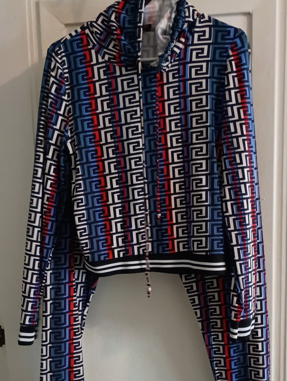 Geometric Print Navy & Red Track Jogger Set - Women